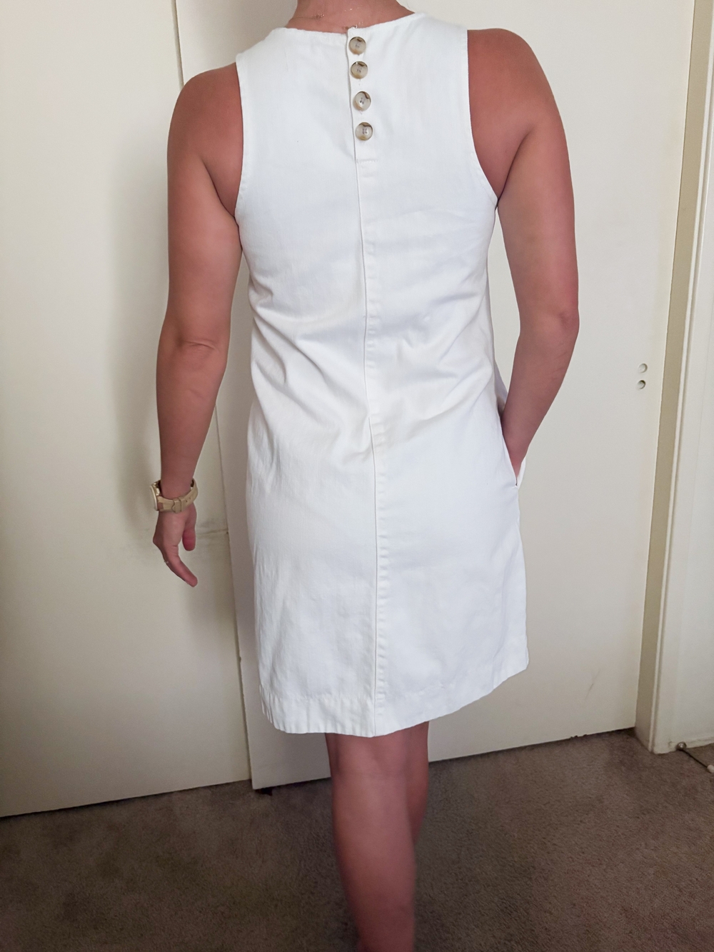 J.Crew White Sleeveless Shift Dress with Button Back